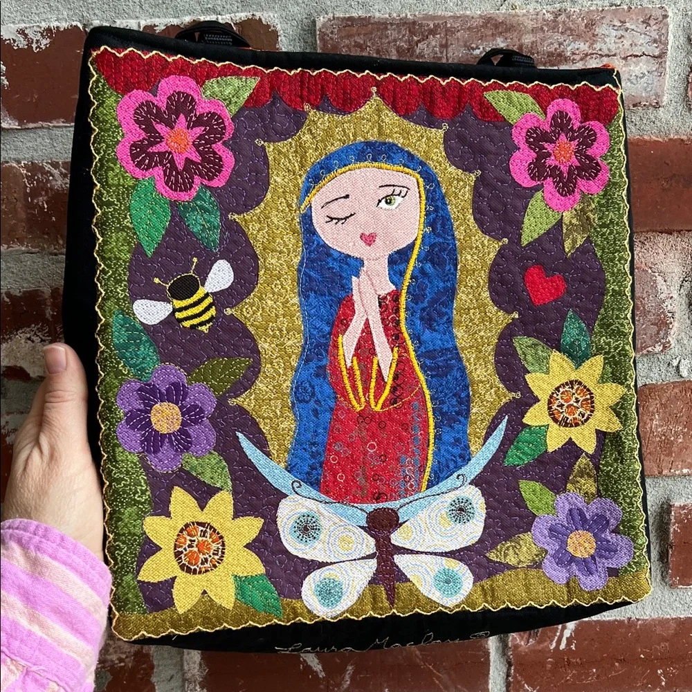 Laura Maclay Embroidered Tote Bag Our Lady of Guadalupe Floral Garden Handmade - Picture 1 of 13
